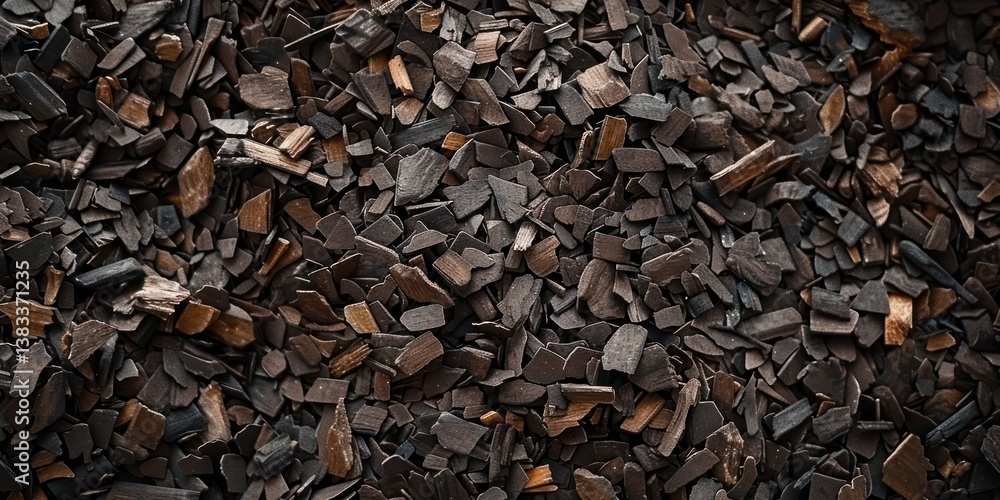 Aerial top view Pile of brown wood chips small scrap piece. Aerial top view Pile of brown wood chips small scrap piece.