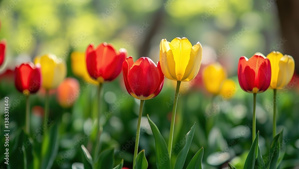 Fototapeta premium Red and Yellow Tulips in a Spring Garden