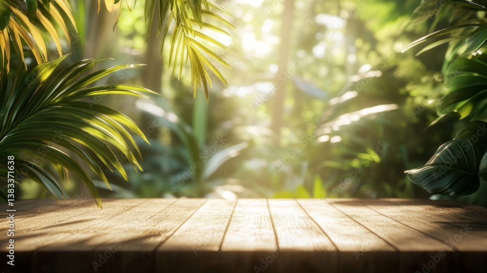 Minimalist wooden surface with a blurred background of tropical plants, bright morning glow generative ai
