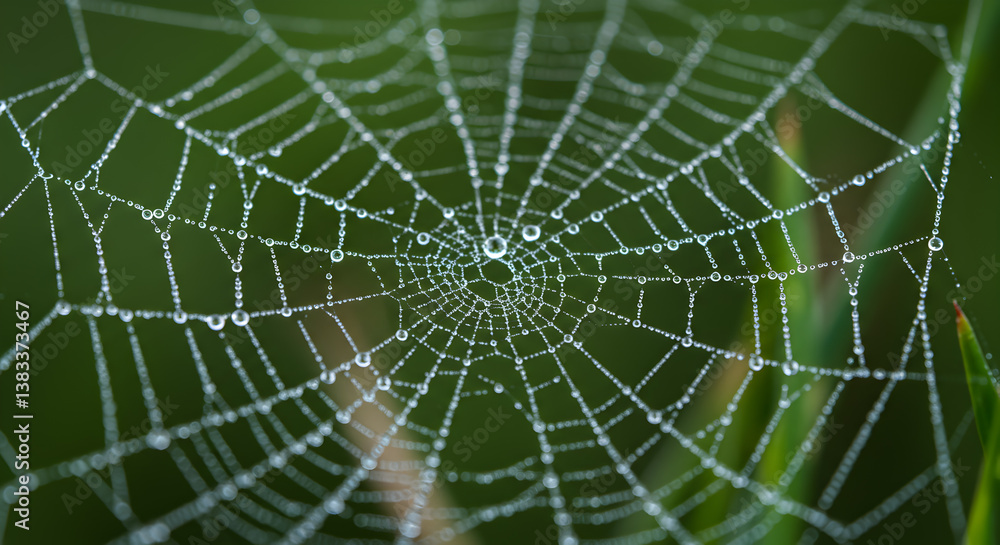 Delicate Spiderweb Covered in Sparkling Morning Dew Close-Up Shot Delicate Spiderweb Covered in Sparkling Morning Dew Close-Up Shot