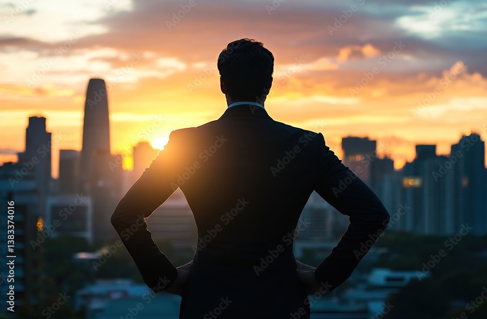 Fototapeta premium Businessperson Contemplates Cityscape at Sunset: Achieving Success and Dreams, Inspiring Future Goals