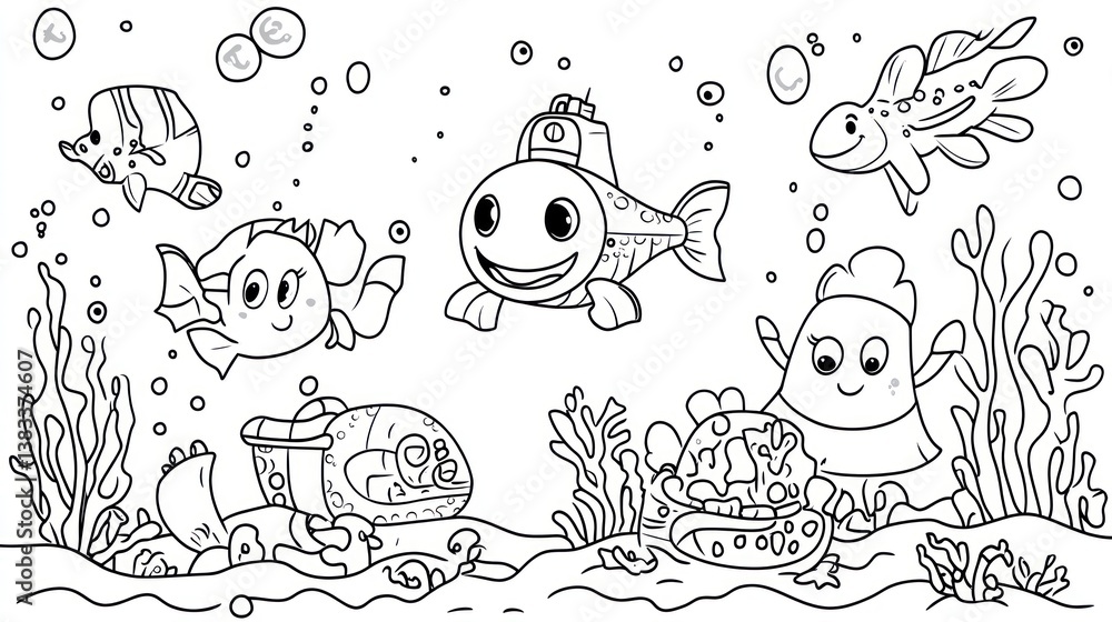Underwater coloring page with friendly cartoon fish and submarine Underwater coloring page with friendly cartoon fish and submarine