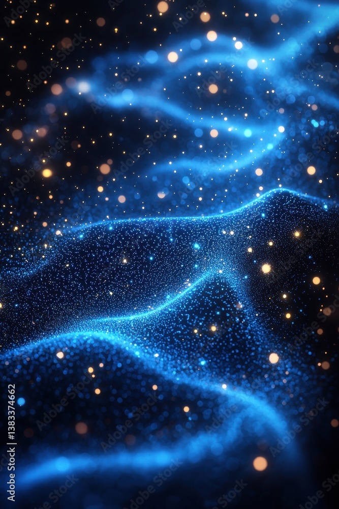 Fototapeta premium Abstract blue waves and glowing particles in a starry digital background