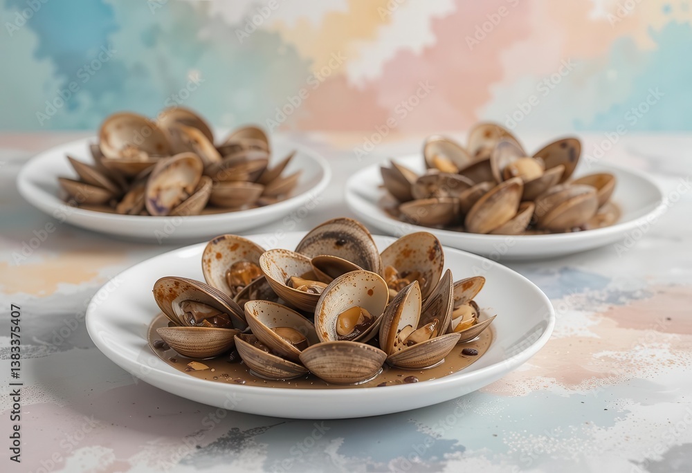 Artistic Rendering of Clams in Black Bean Garlic Sauce on White Plates with a Dreamy Watercolor Backdrop Artistic Rendering of Clams in Black Bean Garlic Sauce on White Plates with a Dreamy Watercolor Backdrop