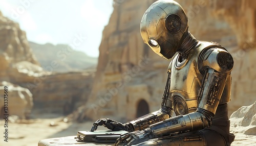 A golden robotic figure seemingly operating a small electronic device outdoors