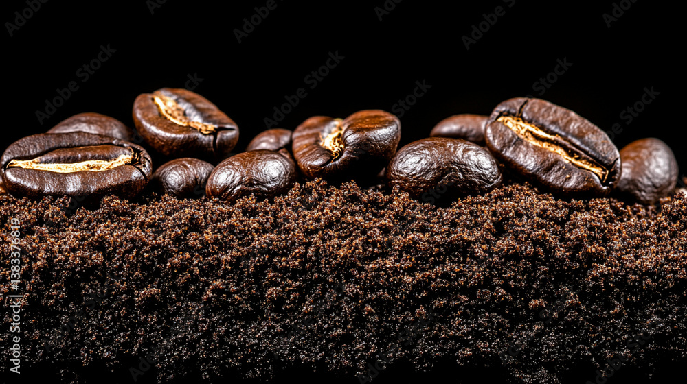 A close-up, high-detail shot of coffee grounds with whole coffee beans dynamically suspended in motion A close-up, high-detail shot of coffee grounds with whole coffee beans dynamically suspended in motion