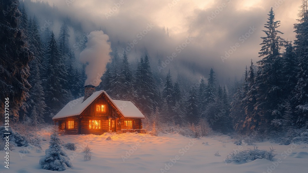 Snow Covered Wooden Cabin in Snowy Forest with Smoke and Warm Light at Sunset Snow Covered Wooden Cabin in Snowy Forest with Smoke and Warm Light at Sunset