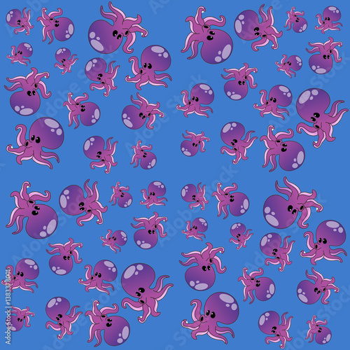 Purple Octopus Cute Illustration, Cartoon Funny Character, Pattern Wallpaper 