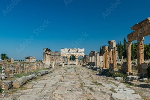 Ruins of ancient city, Hierapolis near Pamukkale, Turkey. Sunny day.