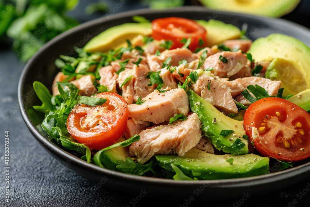 Bowl of tuna salad with avocado and tomatoes. Bowl of tuna salad with avocado and tomatoes.