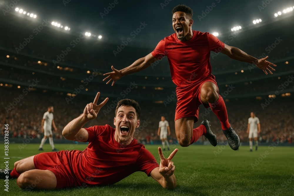 Naklejka premium Joyful men, soccer players in red uniform celebrating victory after successful game under stadium lights during intense football championship. Concept of sport, teamwork, football, expression