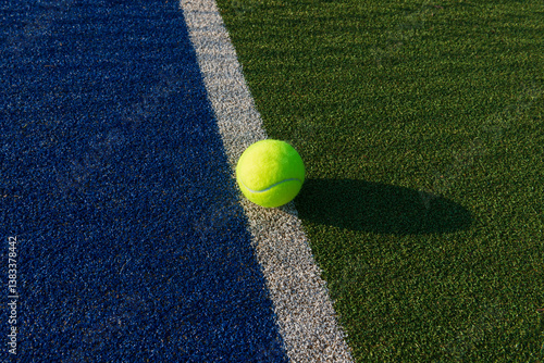 Close-up of tennis ball on blue/green synthetic court.