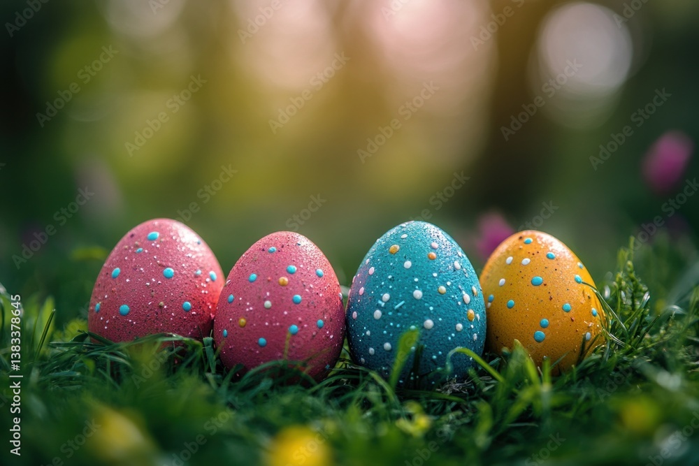 Naklejka premium Colorful Easter eggs are displayed on green grass, symbolizing spring and celebration while depicting a serene outdoor environment