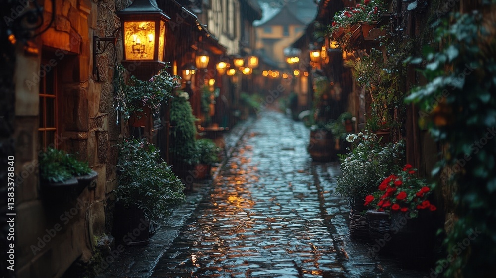 Fototapeta premium Rainy Cobblestone Street Illuminated By Lanterns And Building Lights