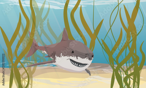 Great white shark swimming through thickets of tall green algae. Realistic vector landscape