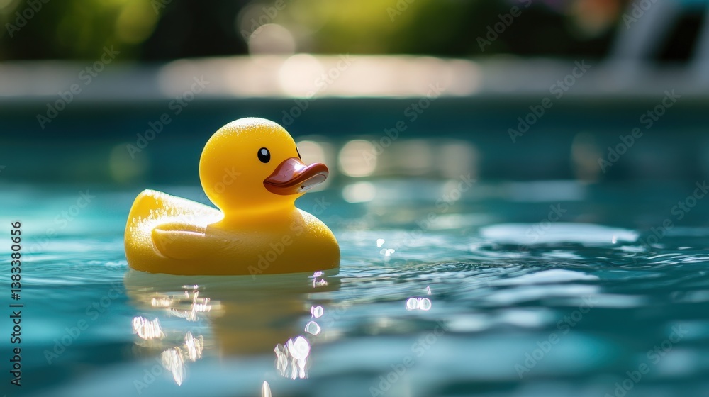 Yellow Rubber Duck Floating on Calm Blue Water - Playful Childhood Toy in Pool, Summer Recreation, Happy Moments. Yellow Rubber Duck Floating on Calm Blue Water - Playful Childhood Toy in Pool, Summer Recreation, Happy Moments.