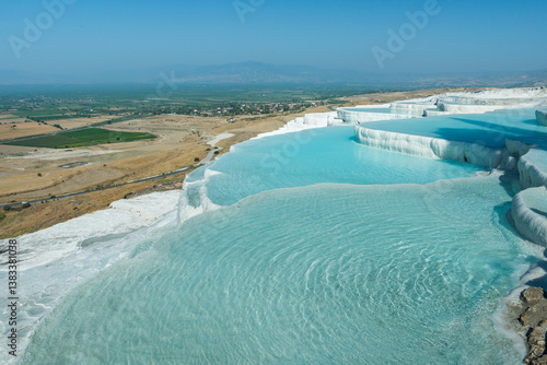 View of beautiful travertine terraces and natural formations, Pamukkale, Turkey.
