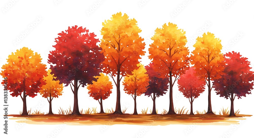 Autumn Trees, Watercolor Illustration, Fall Foliage, Red and Gold AI Generated Autumn Trees, Watercolor Illustration, Fall Foliage, Red and Gold AI Generated