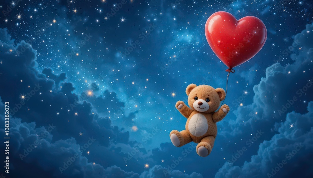 A whimsical teddy bear floating amongst the stars with a red heart balloon, against a dreamy, starry blue night sky. A whimsical teddy bear floating amongst the stars with a red heart balloon, against a dreamy, starry blue night sky.