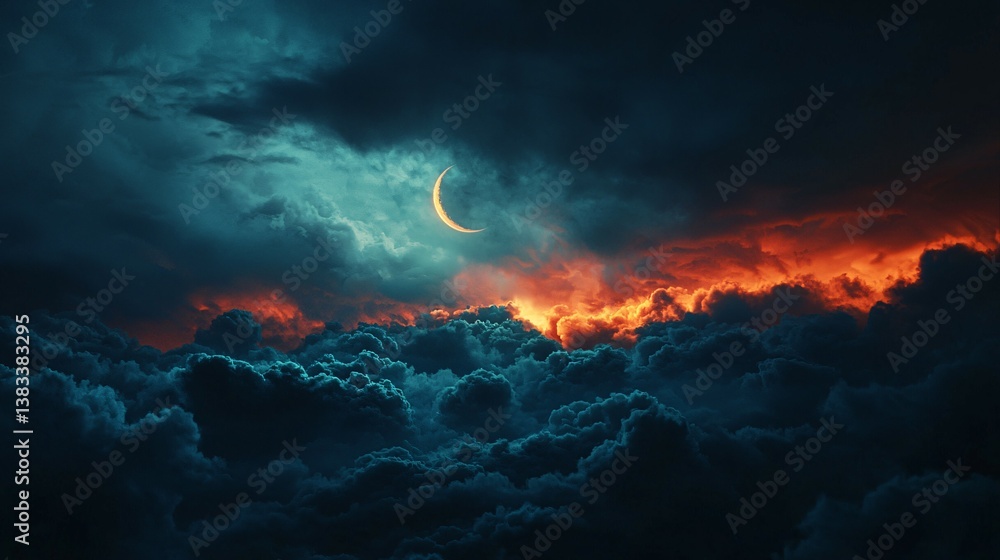A beautiful crescent moon appears behind thick and fluffy clouds A beautiful crescent moon appears behind thick and fluffy clouds