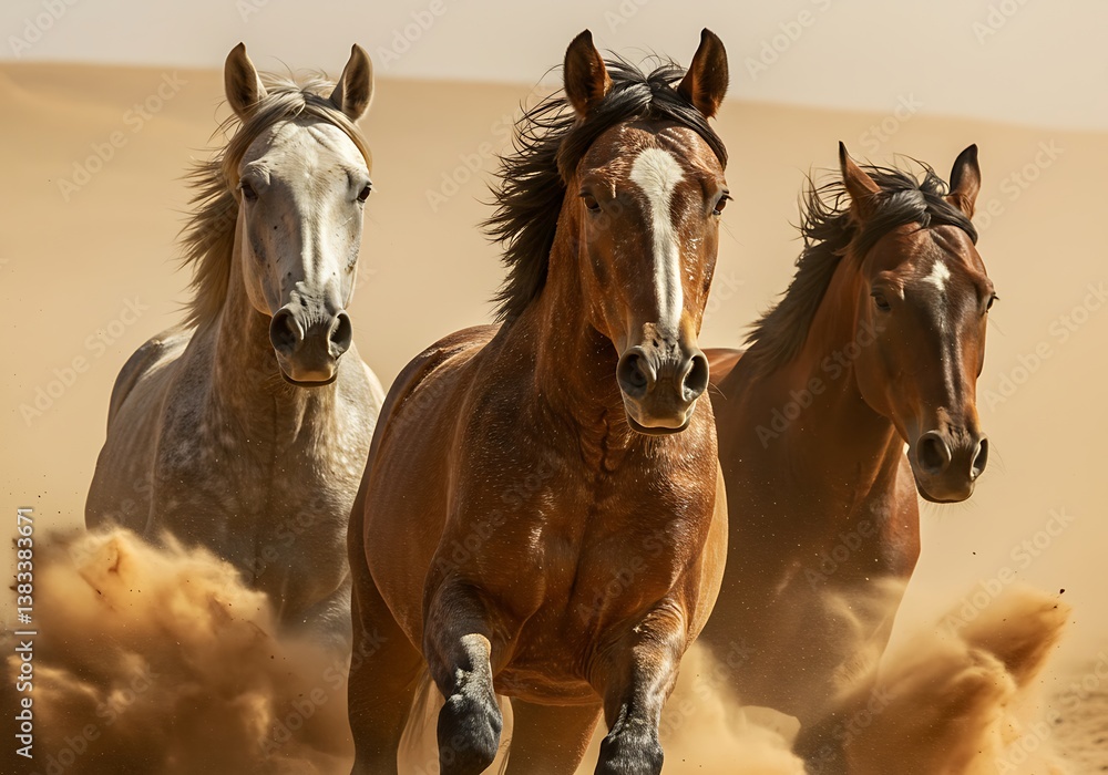 Three Horses Galloping Through a Desert Dust Storm. Generative Ai Three Horses Galloping Through a Desert Dust Storm. Generative Ai