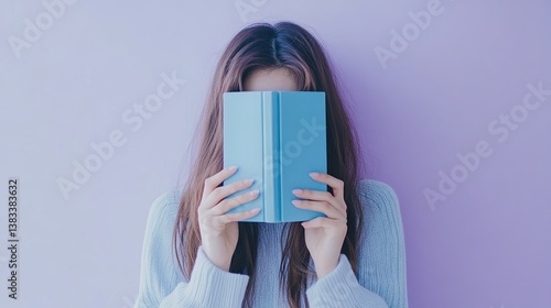 Woman concealing her face with a blue book against a soft lavender background. Concept of quiet moments, reading, and peaceful solitude.