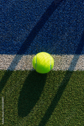 Close-up of Tennis Ball on blue/green synthetic court with shadow of tennis racket