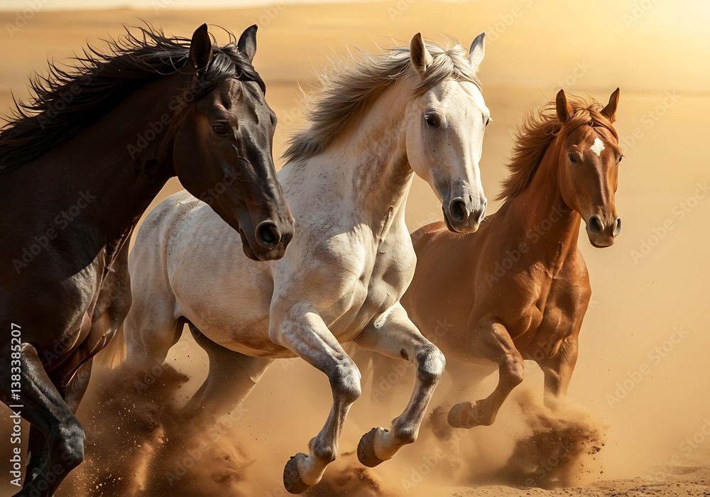 Three Horses Running in a Desert at Sunrise, Raising Dust. Generative Ai Three Horses Running in a Desert at Sunrise, Raising Dust. Generative Ai