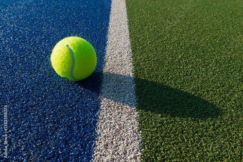Close-up of tennis ball on blue/green synthetic court.