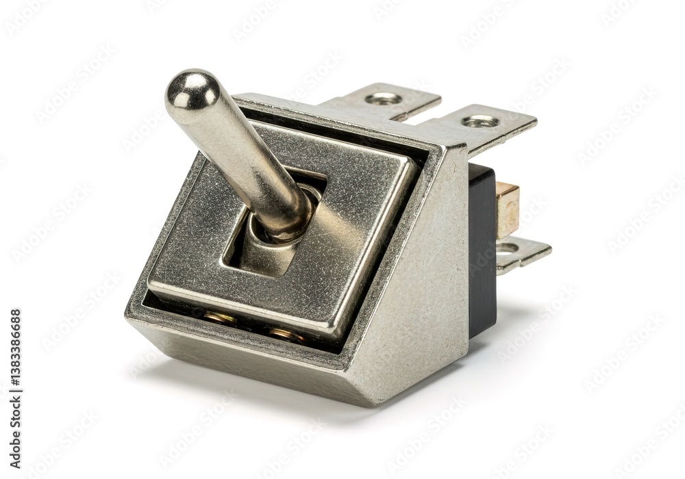 A silver switch with a black button isolated on white Ai generated. A silver switch with a black button isolated on white Ai generated.