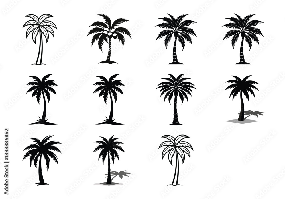 set of palm trees silhouettes set on a white background set of palm trees silhouettes set on a white background