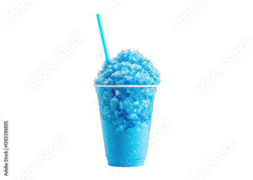 Blue raspberry snow cone in a plastic cup with a straw. Refreshing summer treat.