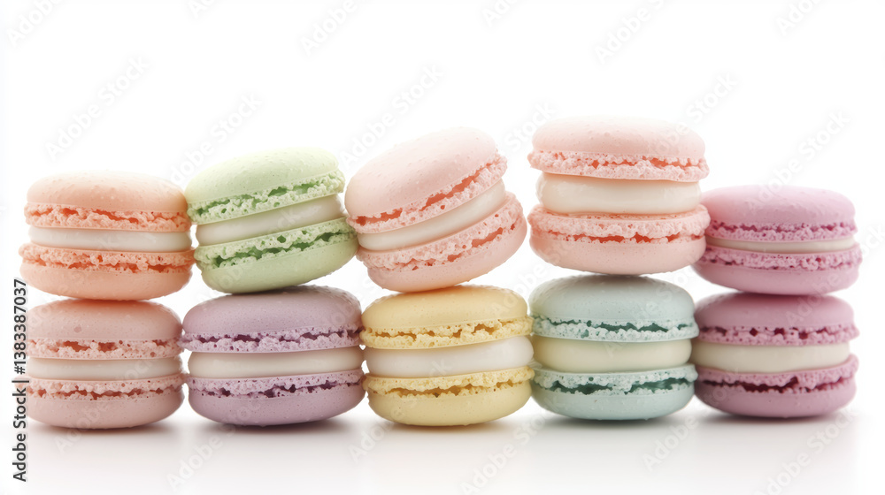 Delicious pastel macarons arranged in colorful row, showcasing various flavors and textures Delicious pastel macarons arranged in colorful row, showcasing various flavors and textures