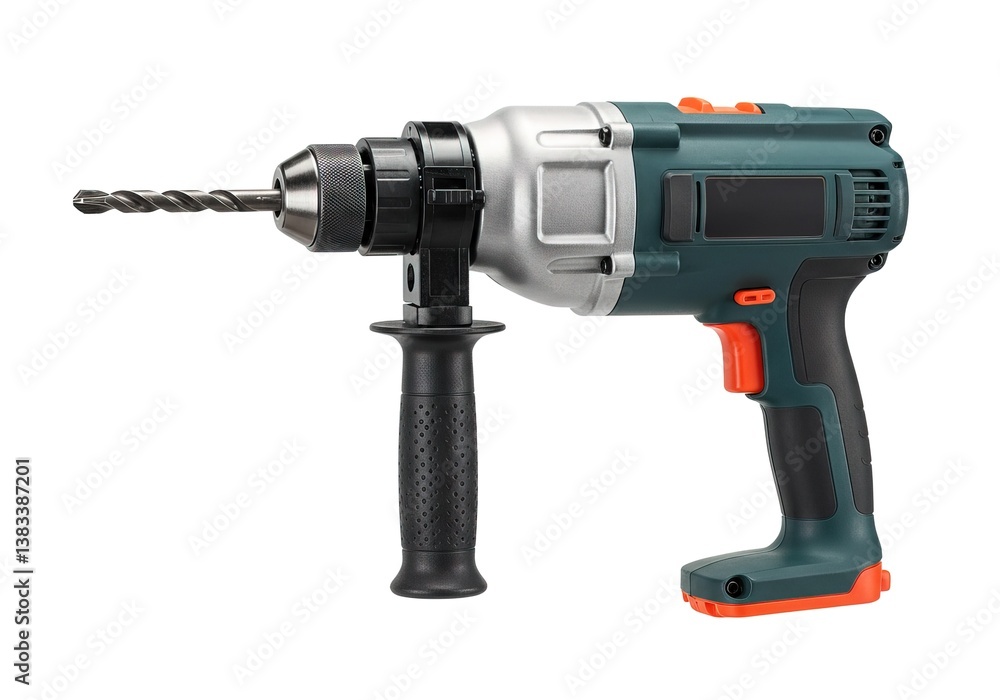 A blue power drill with a black handle isolated on white Ai generated. A blue power drill with a black handle isolated on white Ai generated.