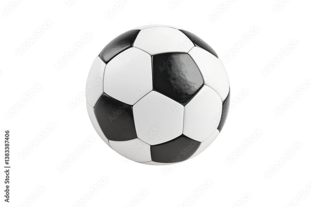 A classic black and white soccer ball resting on a smooth, reflective surface in bright light A classic black and white soccer ball resting on a smooth, reflective surface in bright light