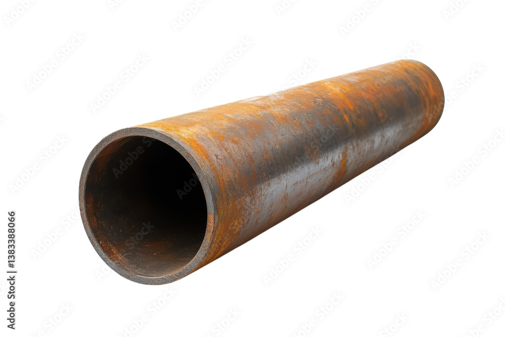 Rusty steel pipe lying on a white surface, showcasing texture and weathering from outdoor exposure Rusty steel pipe lying on a white surface, showcasing texture and weathering from outdoor exposure