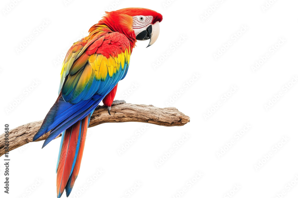 Fototapeta premium A vibrant scarlet macaw perched gracefully on a branch against a pure white backdrop during daylight