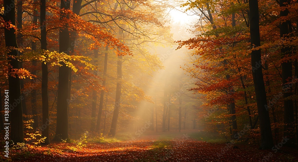 Obraz premium Autumn Forest Path, Sunbeams & Fog AI Generated