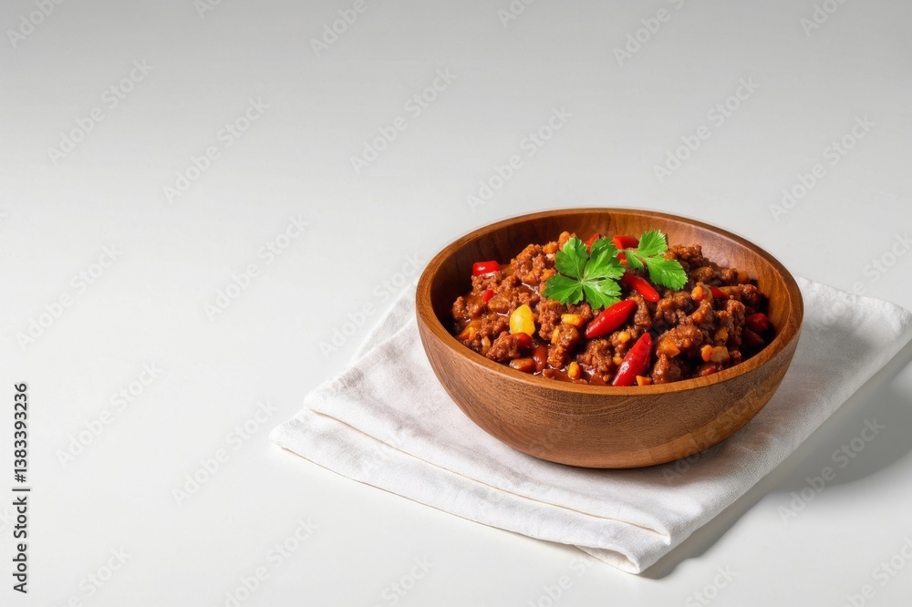 Chili Con Carne in Wooden Bowl on White Napkin Chili Con Carne in Wooden Bowl on White Napkin