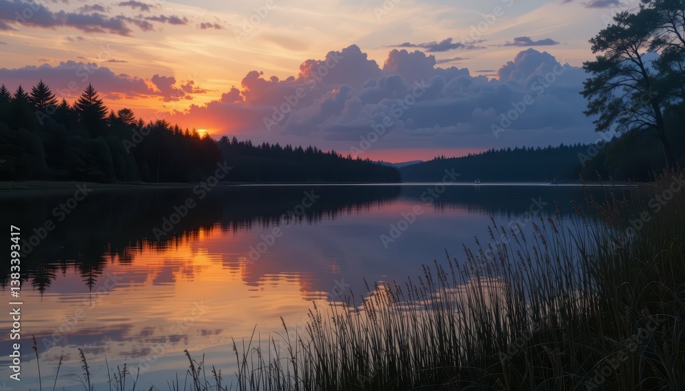 Serene Sunset Over Tranquil Lake Surrounded by Lush Forest Serene Sunset Over Tranquil Lake Surrounded by Lush Forest