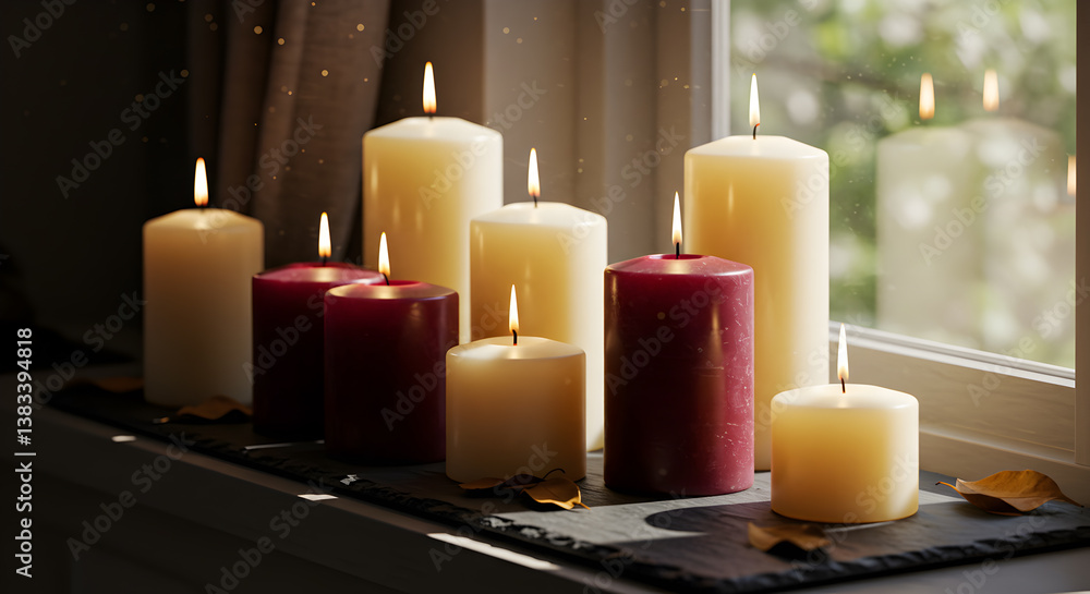 Arrangement Of Pillar Candles In Varying Heights On Slate Windowsill Arrangement Of Pillar Candles In Varying Heights On Slate Windowsill