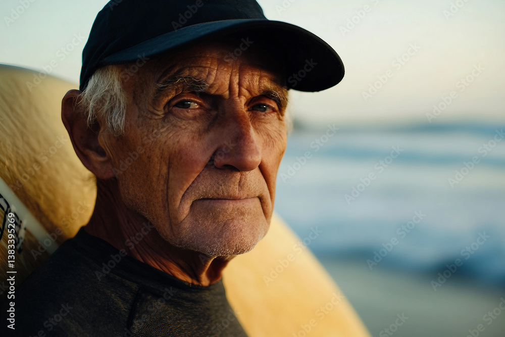 Senior man with surfboard enjoying ocean waves on a spring vacation generative AI Senior man with surfboard enjoying ocean waves on a spring vacation generative AI