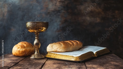 Chalice, bread, and Bible on a wooden table. Concept of a holy supper to celebrate Mass or Easter in a church setting