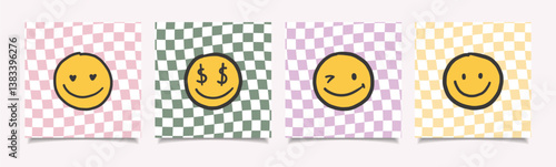 Cool Smile Posters Vector Design. Trendy Groovy Background. Funny Retro Texture