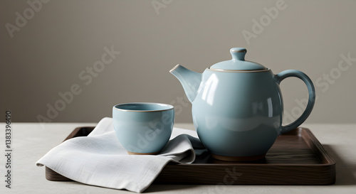 Wallpaper Mural Elegant Still Life Featuring Ceramic Teapot And Cup On Wooden Tray Torontodigital.ca
