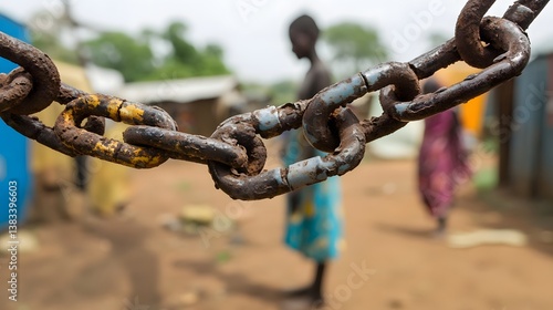 Rusty chain separating refugees in camp