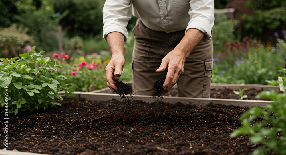 Gardener Spreading Compost Over Dark Fertile Soil In A Raised Garden Bed Gardener Spreading Compost Over Dark Fertile Soil In A Raised Garden Bed