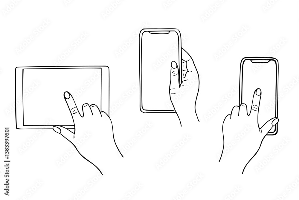 Vector finger touching, scrolling or click on screen of smartphone, tablet and hand holding phone graphic sketch illustration set. Template with blank mobile Device icon for social network, business Vector finger touching, scrolling or click on screen of smartphone, tablet and hand holding phone graphic sketch illustration set. Template with blank mobile Device icon for social network, business