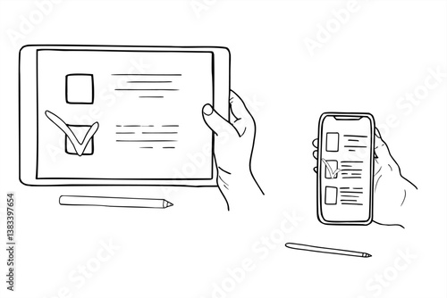 Monochrome hand holding devices with open document to fill consent, vote with stylus vector isolated sketch painted by black inks. Register application with checkmark on mobile gadget illustration