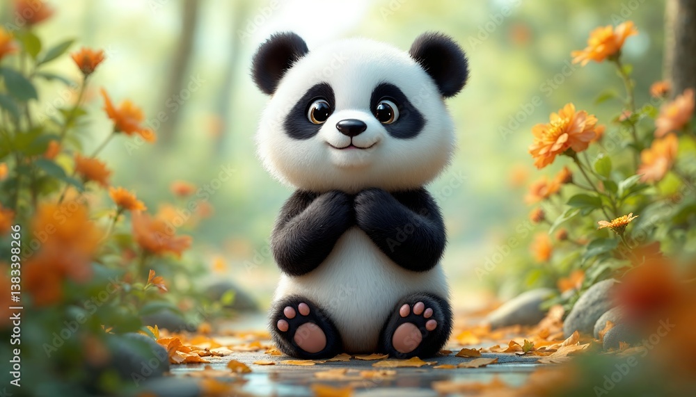 Fototapeta premium Cute Panda Sitting in a Floral Garden with Falling Leaves